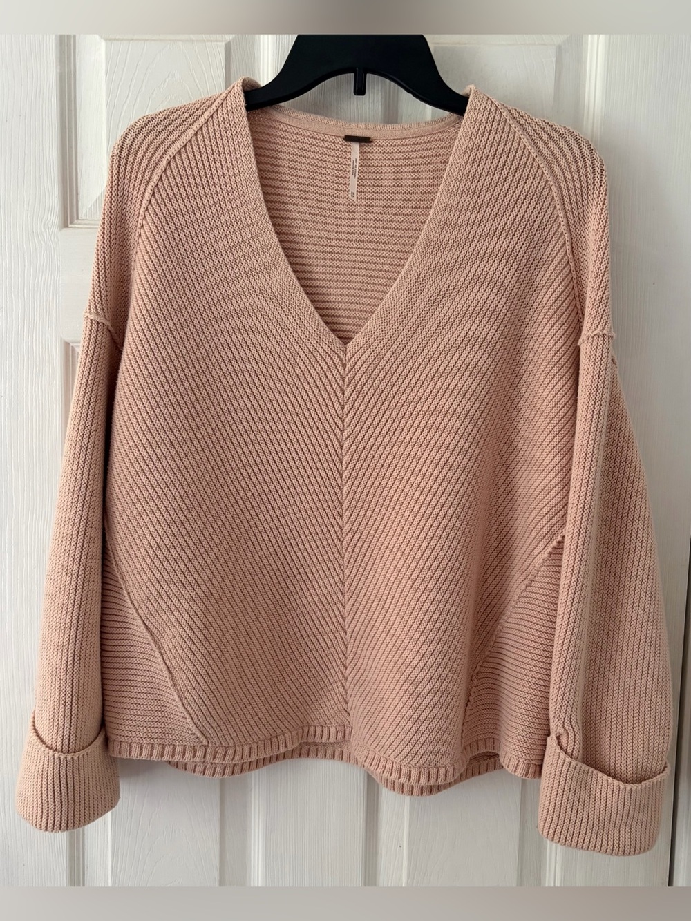 Free People Dusty Blush V-Neck Ribbed Oversized Sweater